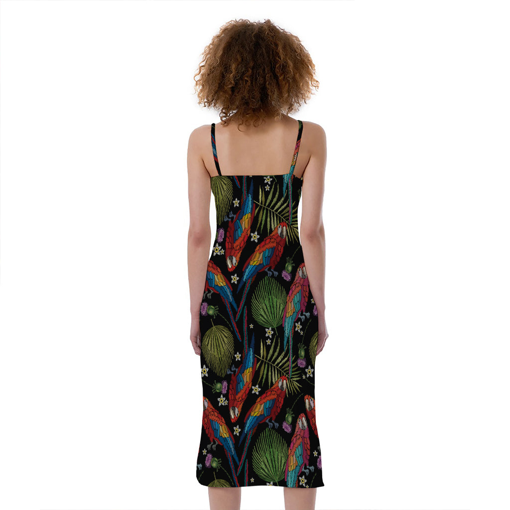 Embroidery Parrot Pattern Print Slim Fit Midi Cami Dress