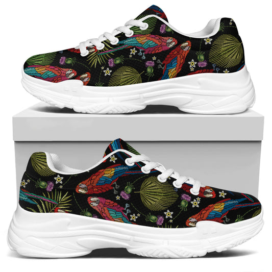 Embroidery Parrot Pattern Print White Chunky Shoes
