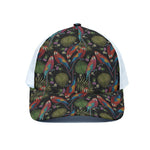 Embroidery Parrot Pattern Print White Mesh Trucker Cap
