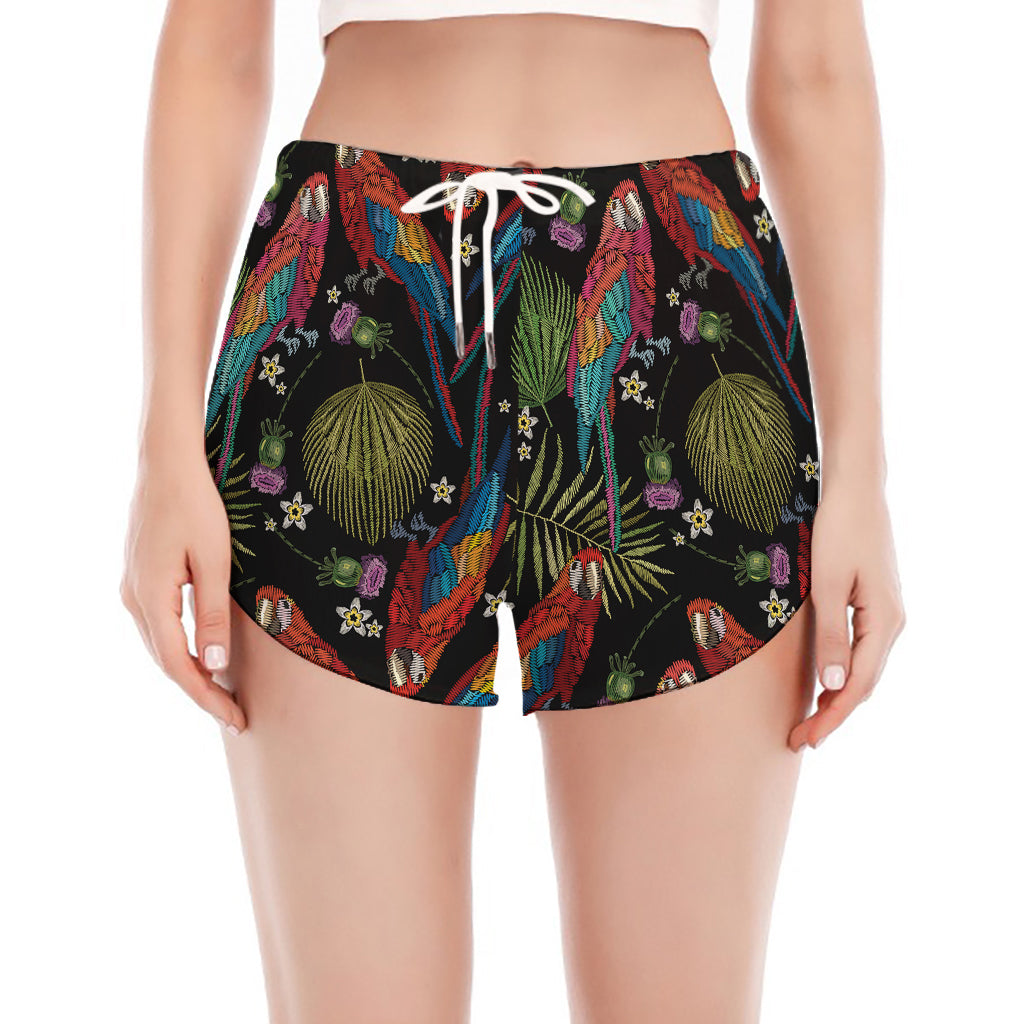 Embroidery Parrot Pattern Print Women's Split Running Shorts