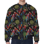 Embroidery Parrot Pattern Print Zip Sleeve Bomber Jacket