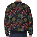 Embroidery Parrot Pattern Print Zip Sleeve Bomber Jacket