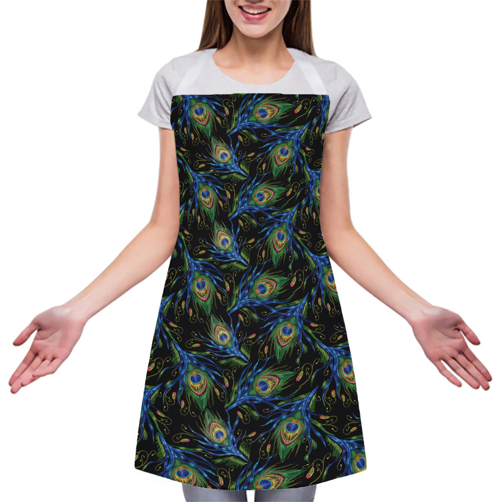 Embroidery Peacock Feather Print Adjustable Apron