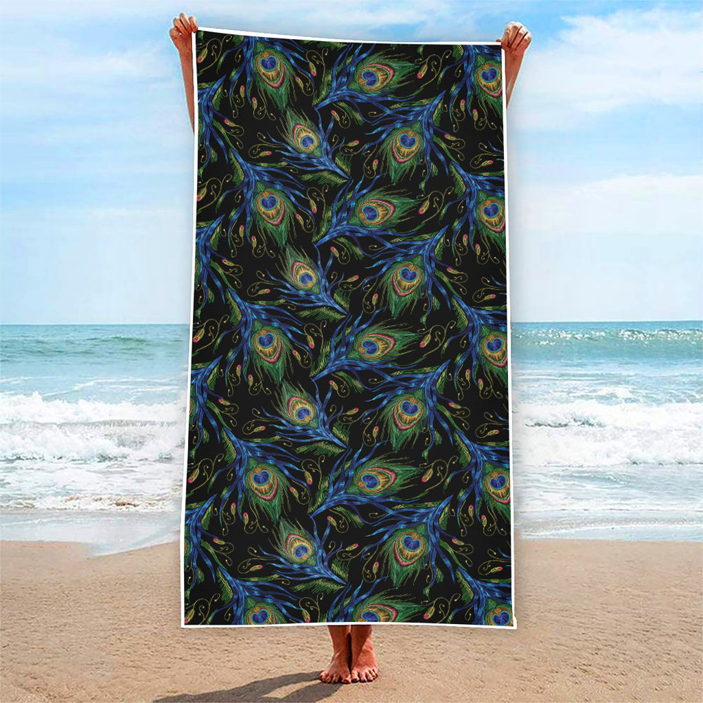 Embroidery Peacock Feather Print Beach Towel