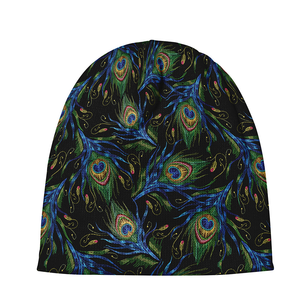 Embroidery Peacock Feather Print Beanie
