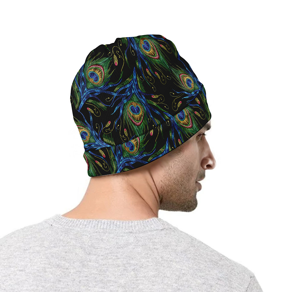 Embroidery Peacock Feather Print Beanie
