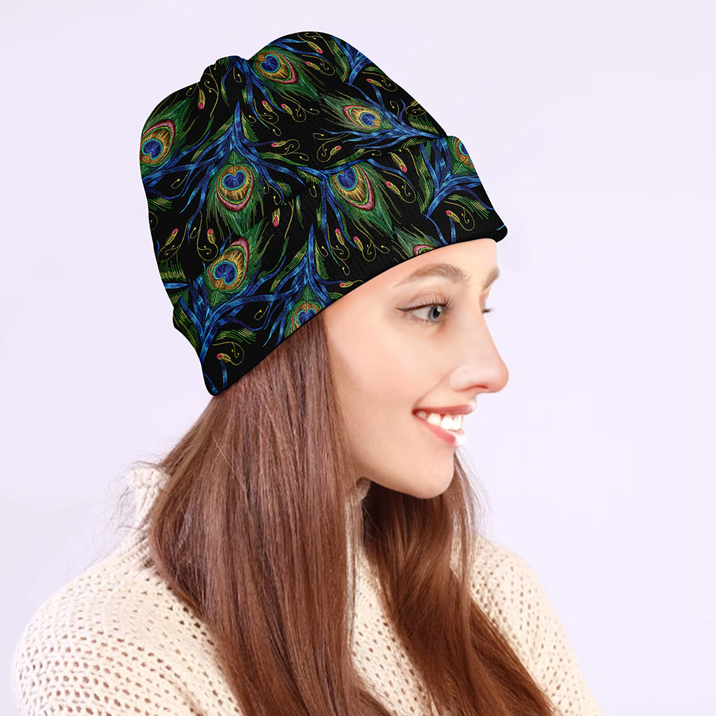 Embroidery Peacock Feather Print Beanie