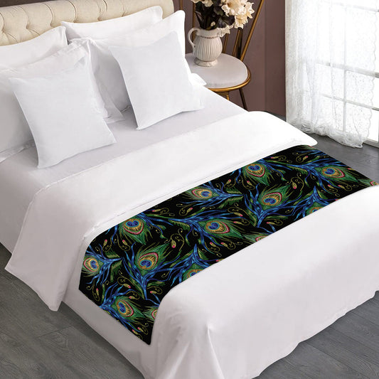 Embroidery Peacock Feather Print Bed Runner