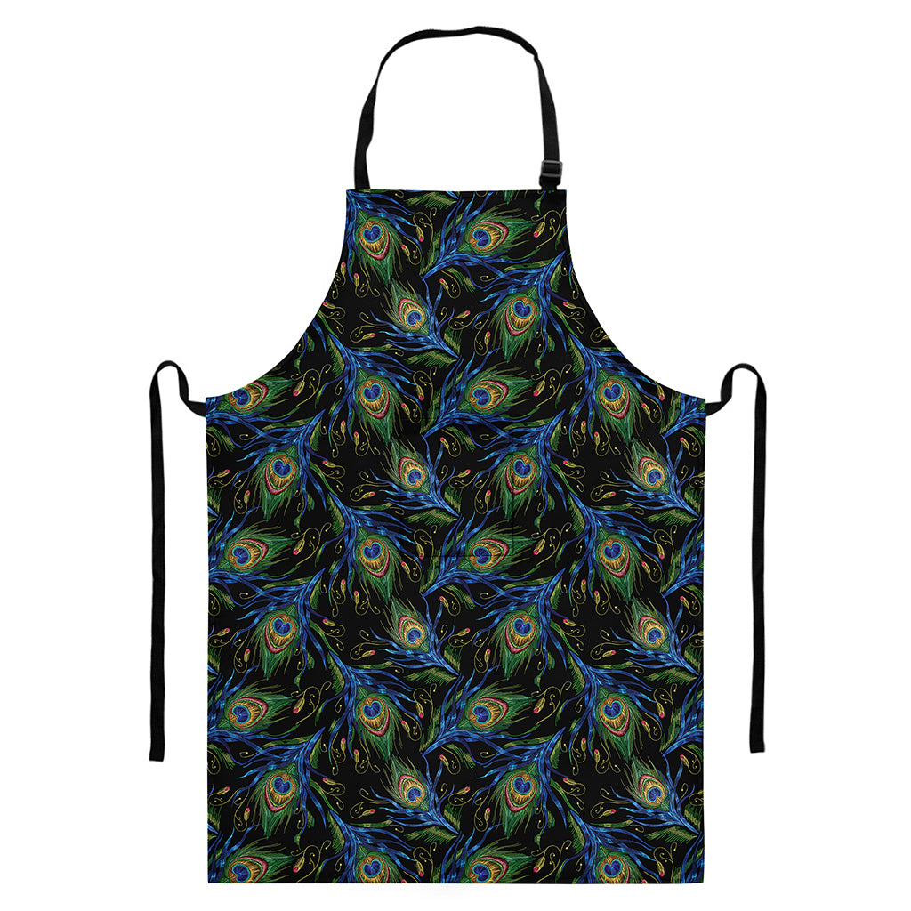 Embroidery Peacock Feather Print Bib Apron With Pocket