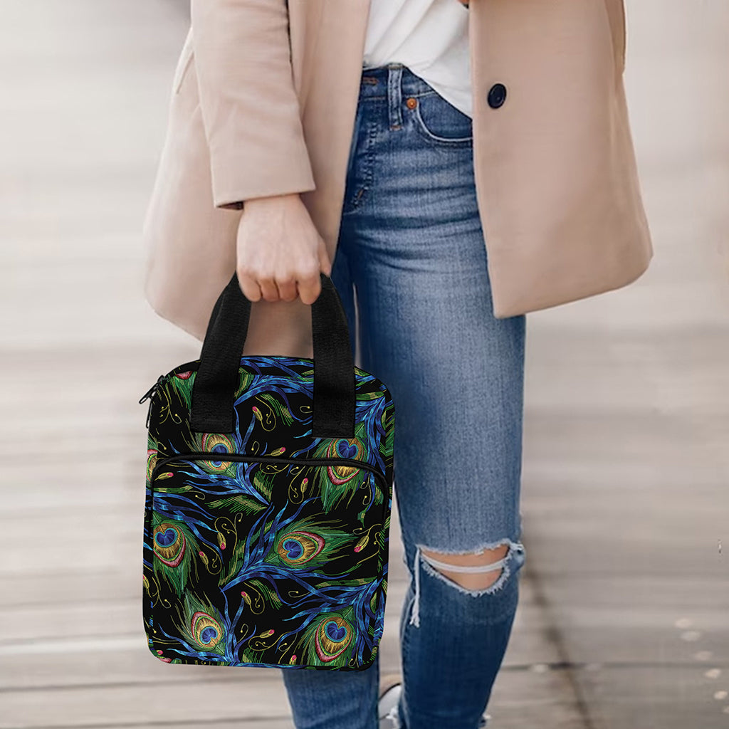 Embroidery Peacock Feather Print Bible Tote Bag