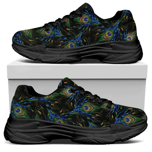 Embroidery Peacock Feather Print Black Chunky Shoes
