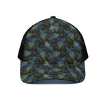 Embroidery Peacock Feather Print Black Mesh Trucker Cap