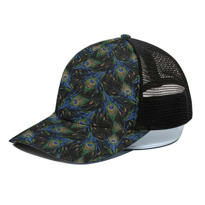 Embroidery Peacock Feather Print Black Mesh Trucker Cap