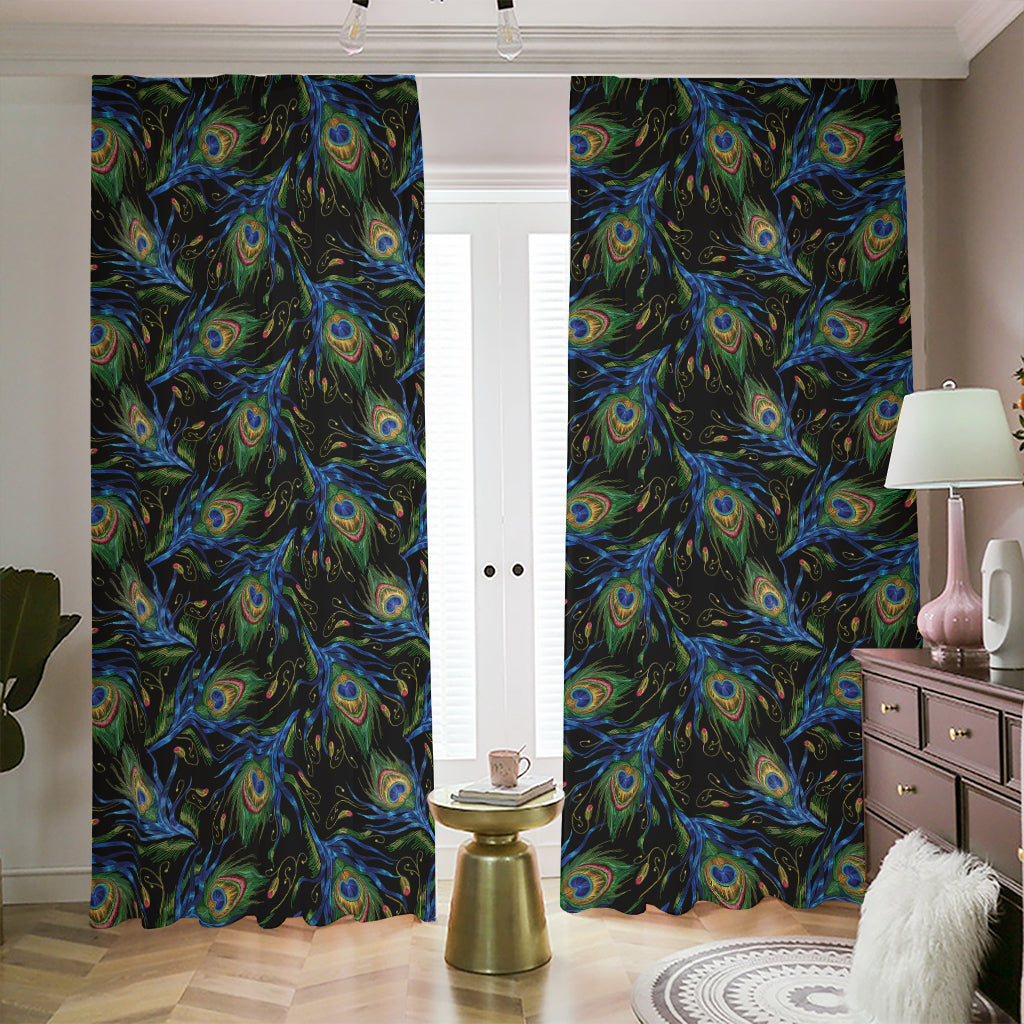 Embroidery Peacock Feather Print Blackout Pencil Pleat Curtains