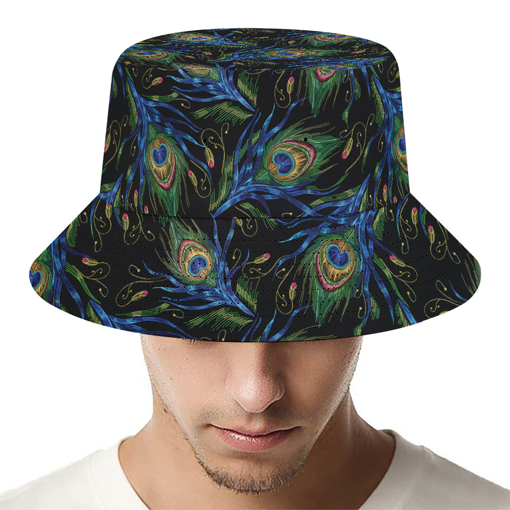 Embroidery Peacock Feather Print Bucket Hat