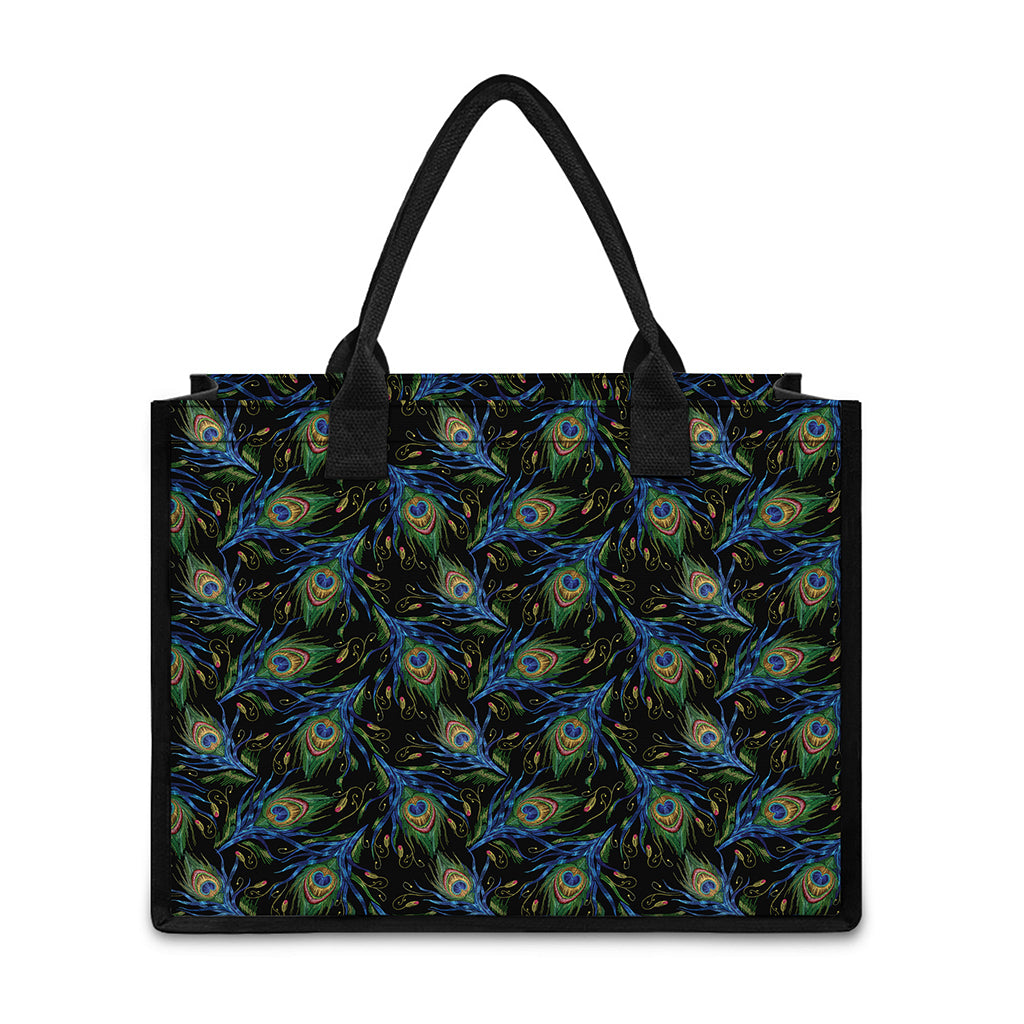 Embroidery Peacock Feather Print Canvas Tote Bag