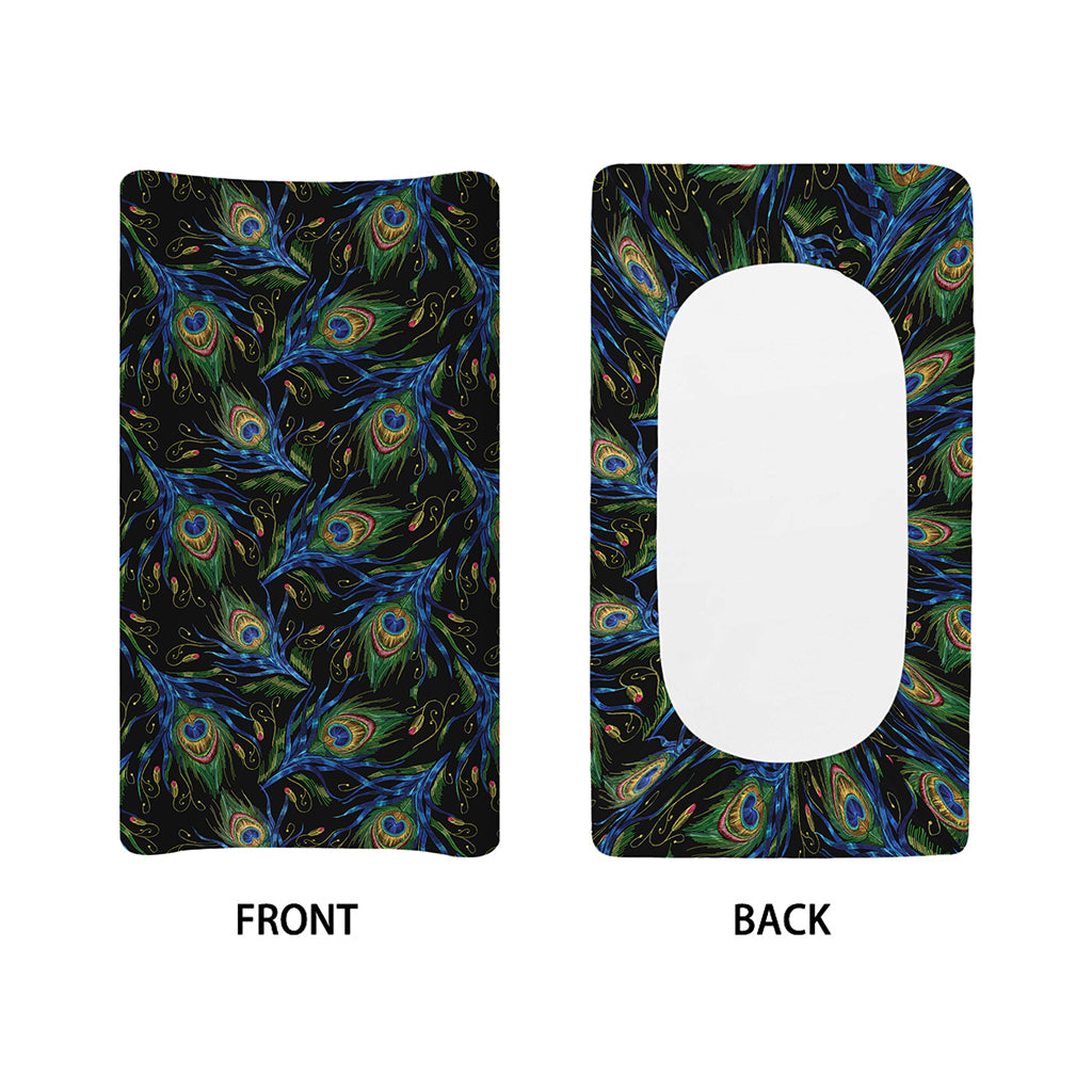 Embroidery Peacock Feather Print Changing Pad Cover
