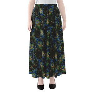 Embroidery Peacock Feather Print Chiffon Maxi Skirt