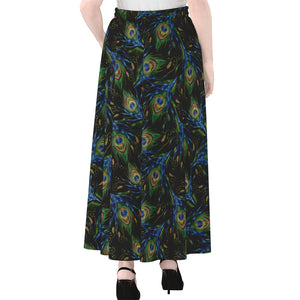 Embroidery Peacock Feather Print Chiffon Maxi Skirt