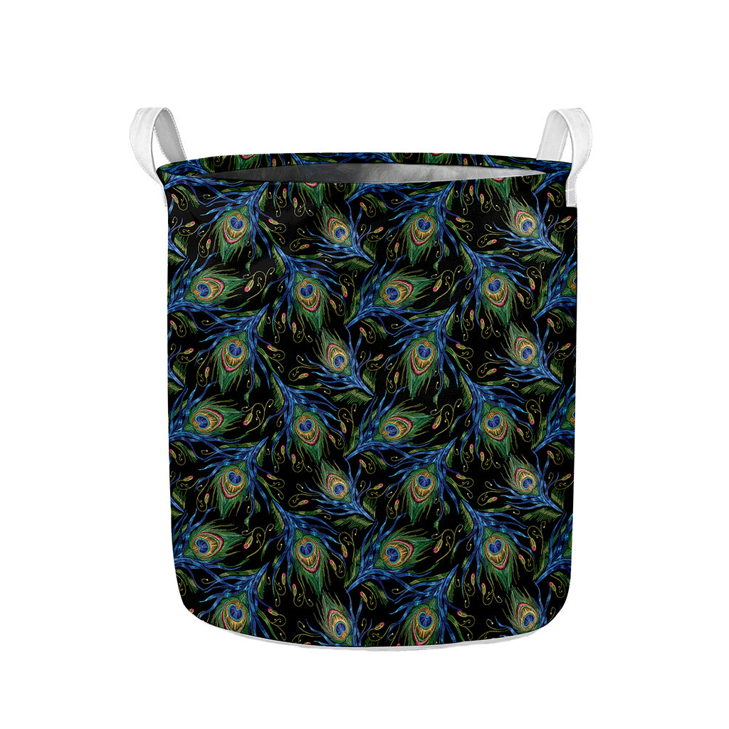 Embroidery Peacock Feather Print Collapsible Laundry Basket