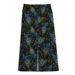 Embroidery Peacock Feather Print Cotton Front Slit Maxi Skirt