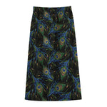 Embroidery Peacock Feather Print Cotton Front Slit Maxi Skirt