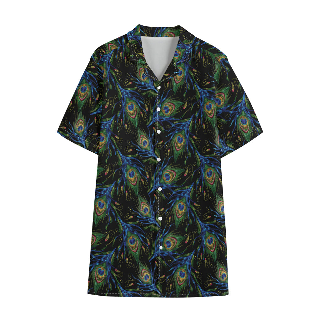 Embroidery Peacock Feather Print Cotton Hawaiian Shirt