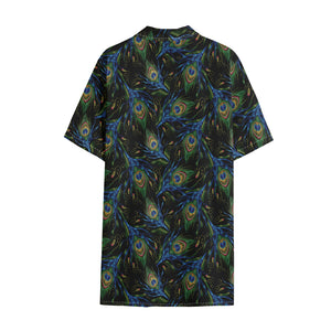 Embroidery Peacock Feather Print Cotton Hawaiian Shirt