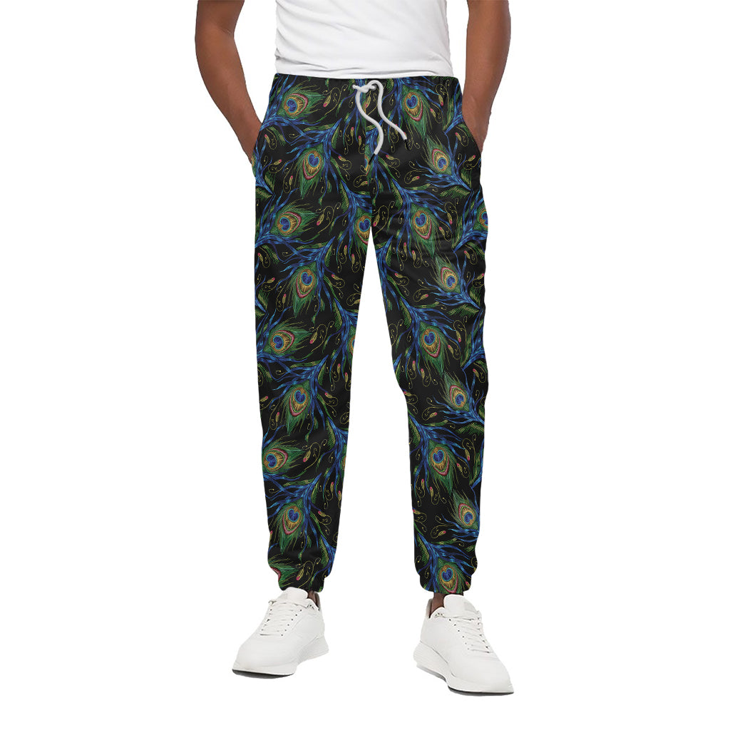 Embroidery Peacock Feather Print Cotton Pants