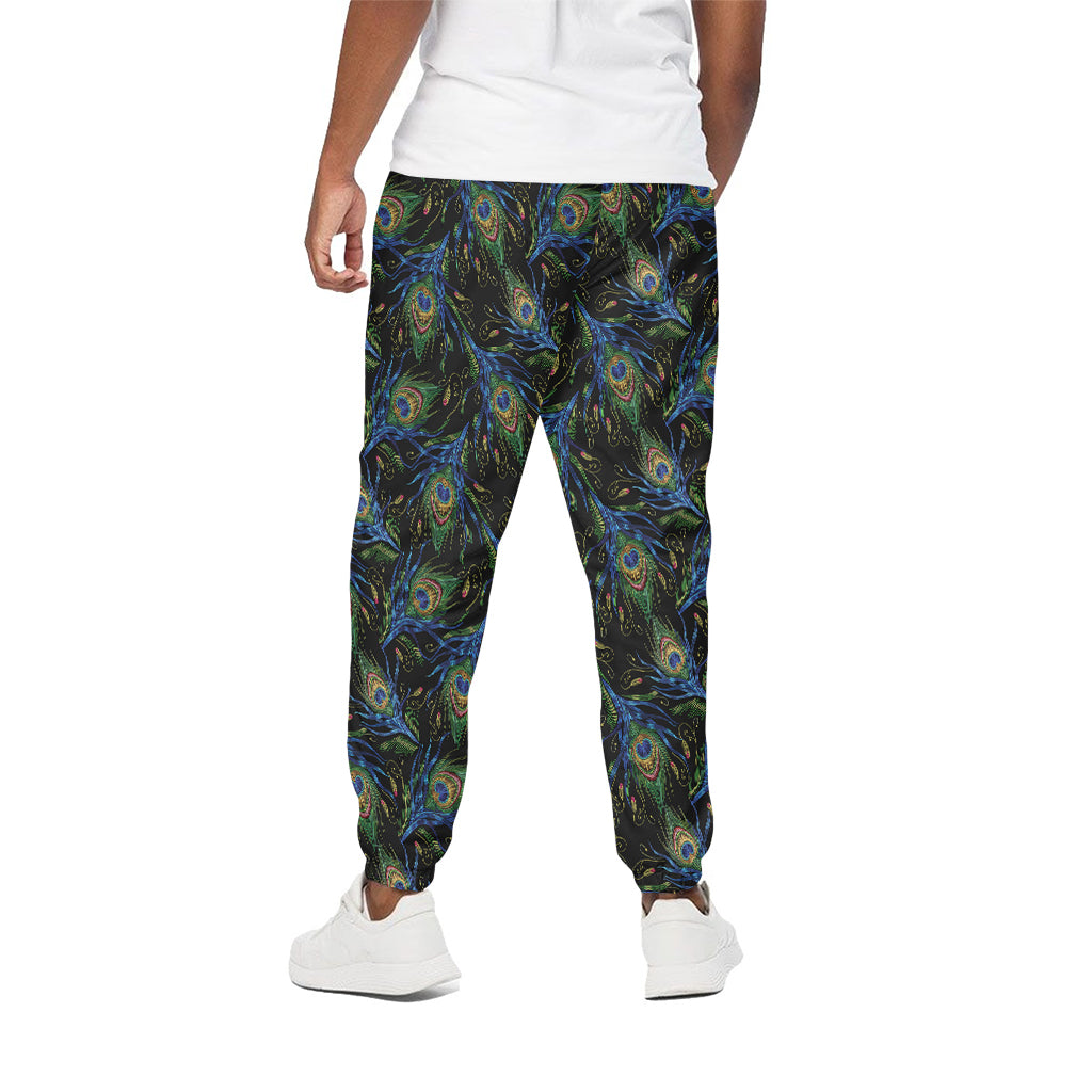 Embroidery Peacock Feather Print Cotton Pants