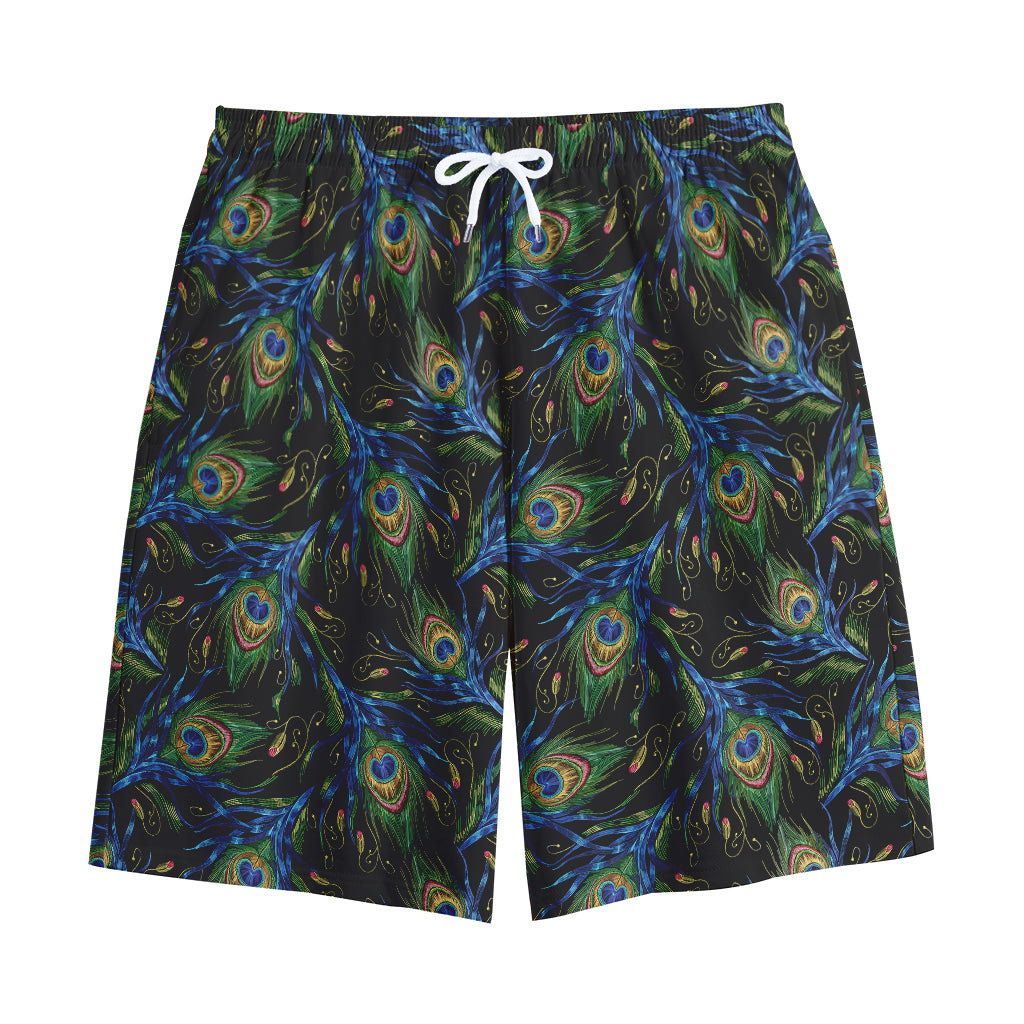 Embroidery Peacock Feather Print Cotton Shorts