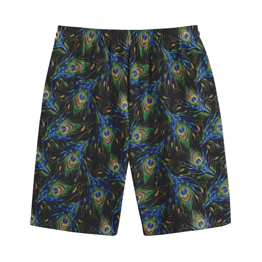 Embroidery Peacock Feather Print Cotton Shorts