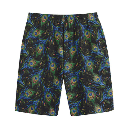 Embroidery Peacock Feather Print Cotton Shorts