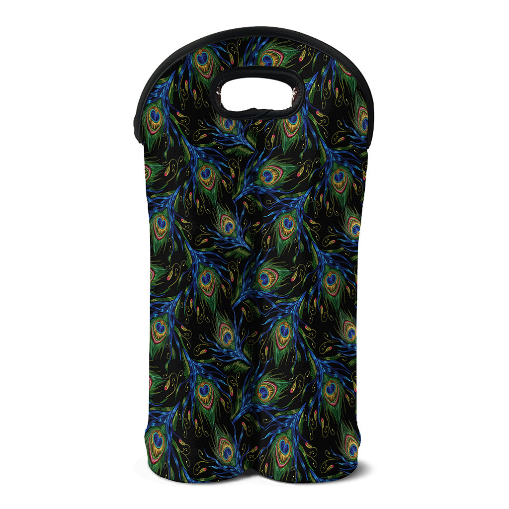 Embroidery Peacock Feather Print Double Neoprene Wine Tote