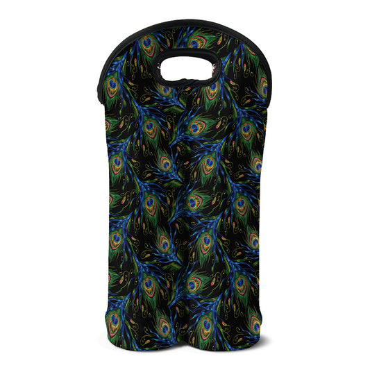 Embroidery Peacock Feather Print Double Neoprene Wine Tote