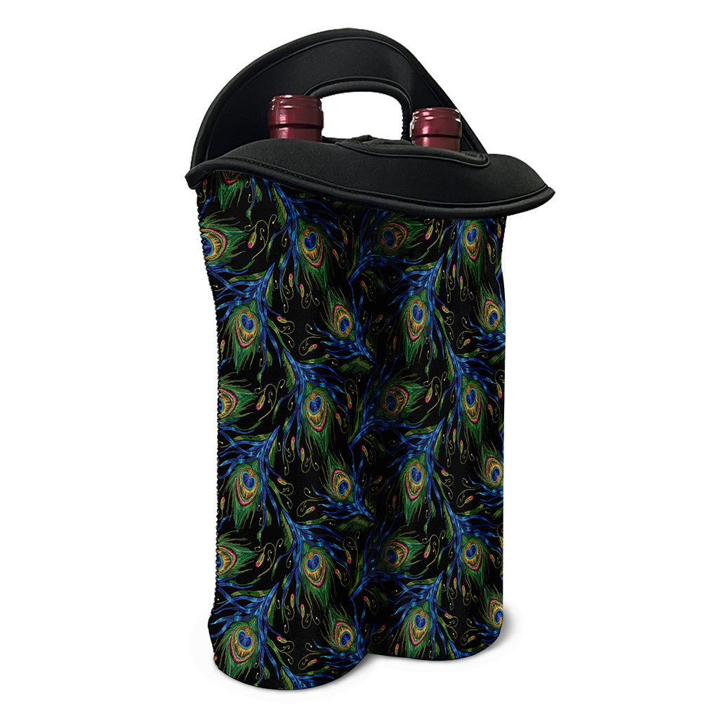Embroidery Peacock Feather Print Double Neoprene Wine Tote