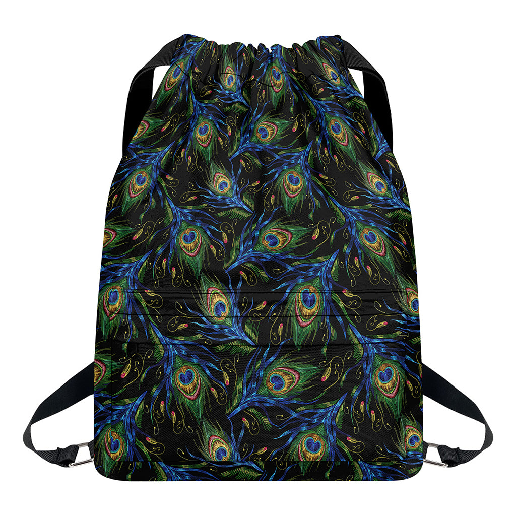 Embroidery Peacock Feather Print Drawstring Backpack