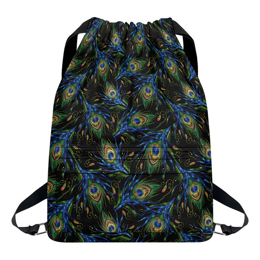 Embroidery Peacock Feather Print Drawstring Backpack