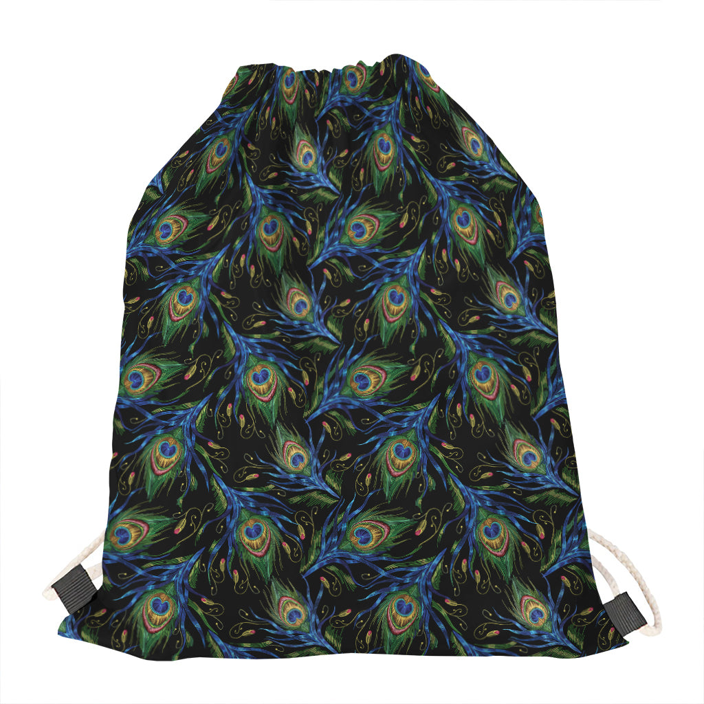 Embroidery Peacock Feather Print Drawstring Bag