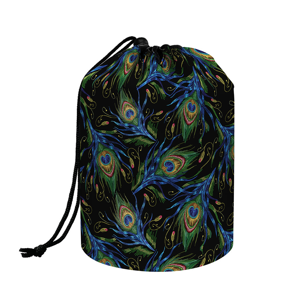 Embroidery Peacock Feather Print Drawstring Makeup Bag