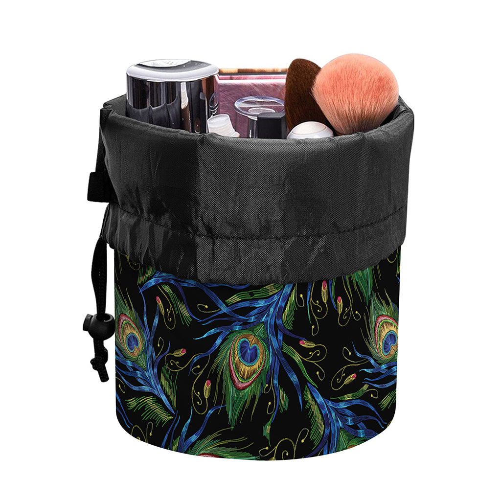 Embroidery Peacock Feather Print Drawstring Makeup Bag