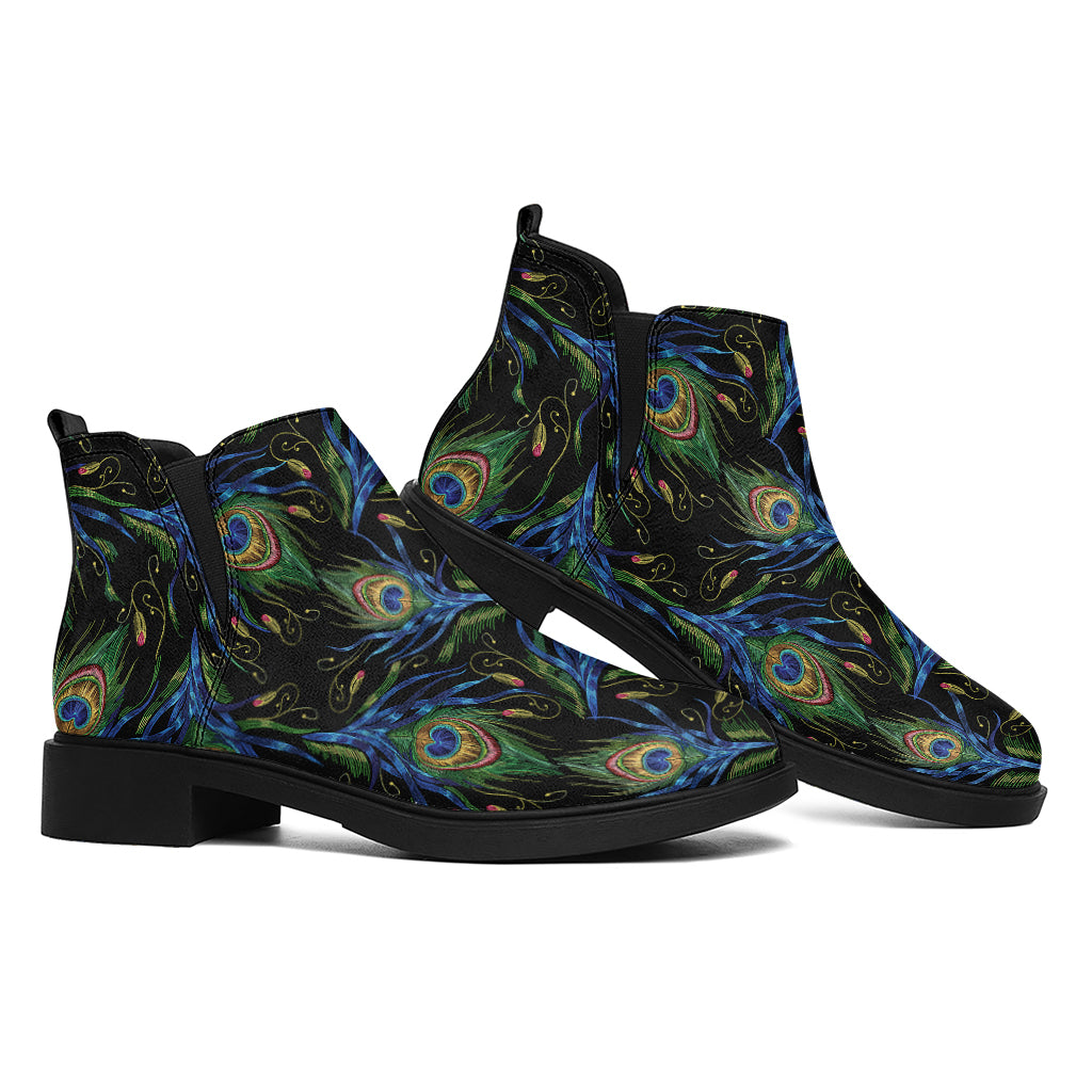 Embroidery Peacock Feather Print Flat Ankle Boots