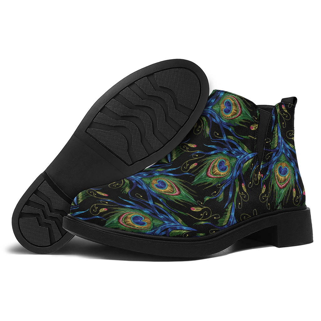 Embroidery Peacock Feather Print Flat Ankle Boots