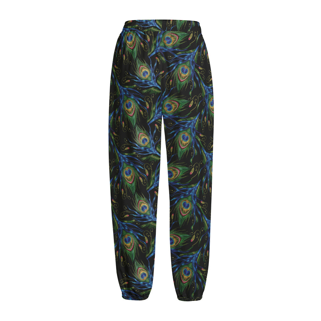 Embroidery Peacock Feather Print Fleece Lined Knit Pants