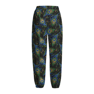 Embroidery Peacock Feather Print Fleece Lined Knit Pants