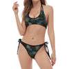 Embroidery Peacock Feather Print Halter Scoop Tie Side Bikini