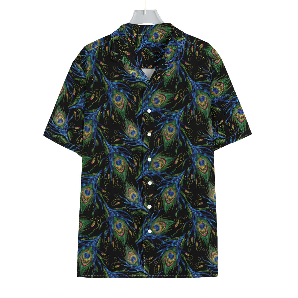 Embroidery Peacock Feather Print Hawaiian Shirt