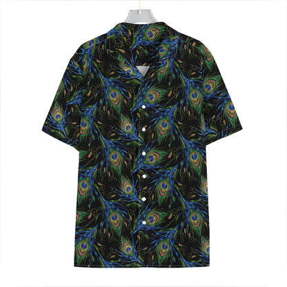 Embroidery Peacock Feather Print Hawaiian Shirt
