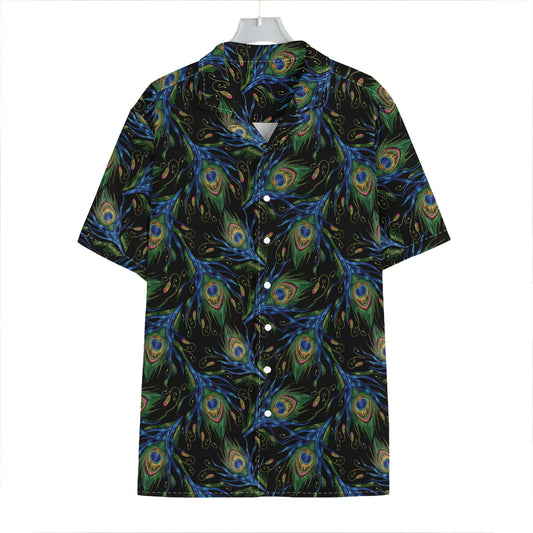 Embroidery Peacock Feather Print Hawaiian Shirt