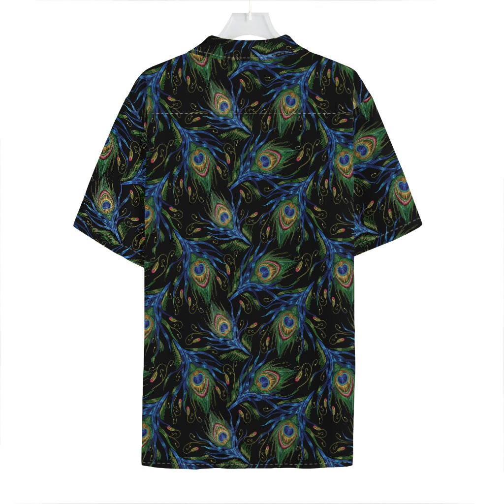 Embroidery Peacock Feather Print Hawaiian Shirt